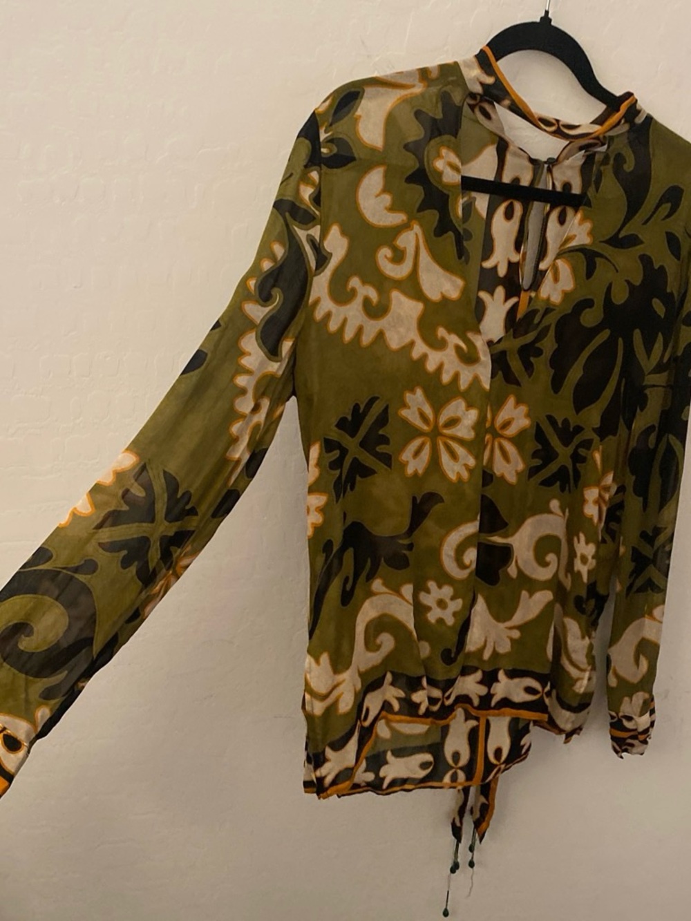 Zara Olive Green Sheer Boho Long Sleeve Blouse